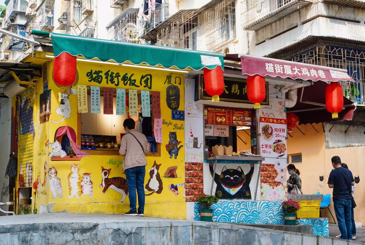 可愛小店舖頭:呢間細細間嘅店,門口有貓咪招牌同彩色裝飾,老闆好親切。我買咗杯凍奶茶,甜到入心,坐喺度望住街景,覺得自己都變咗街坊。