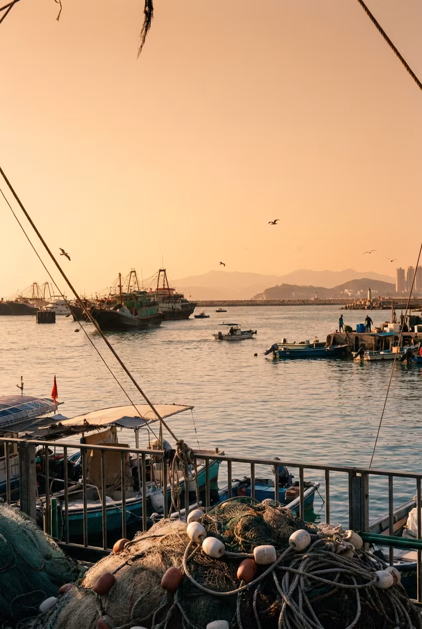 長洲夜晚海旁漁船燈光與海浪