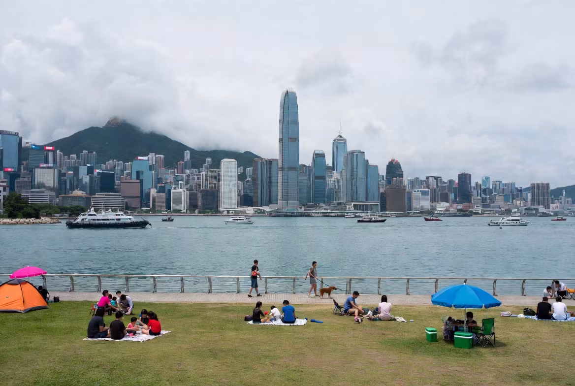 悠閒的午後野餐,可以欣賞到對岸的城市和山脈全景