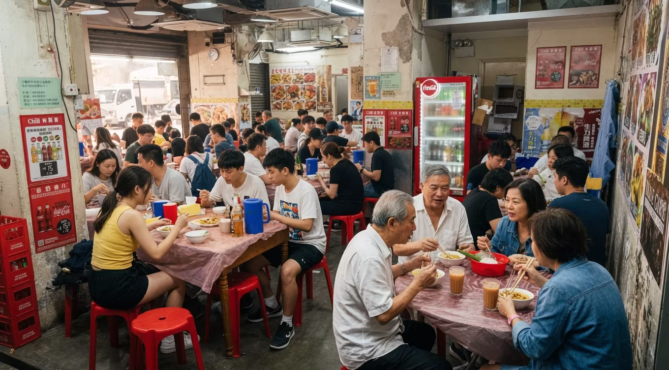 茶餐廳裡人聲鼎沸,長者與家人圍坐笑語